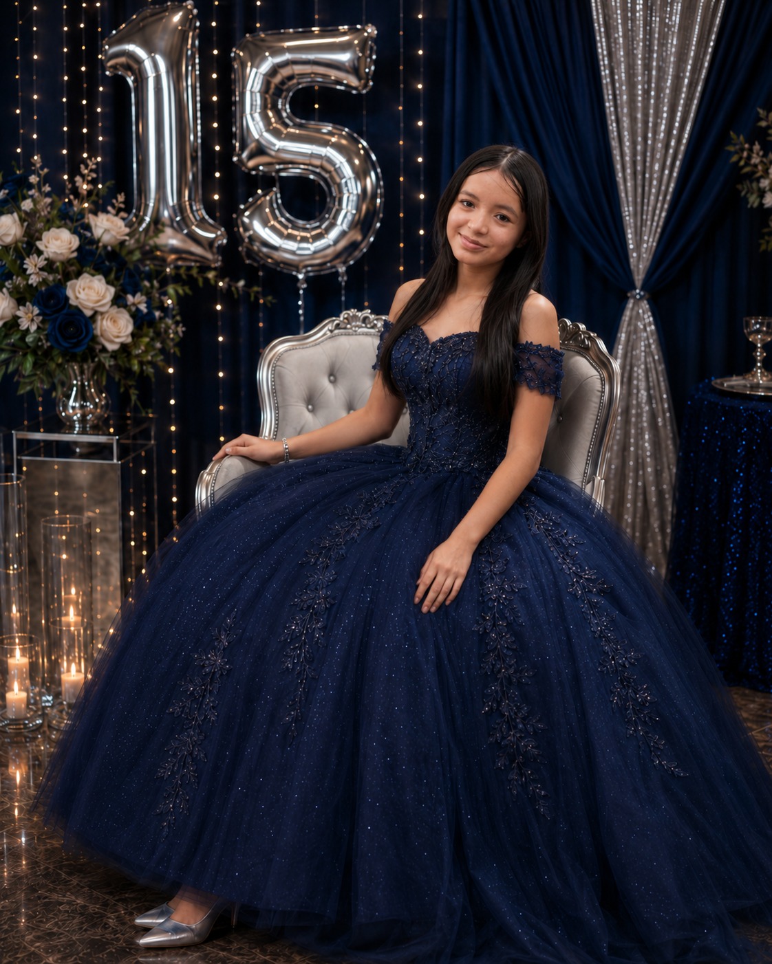 Scarlett con su vestido azul de quinceañera